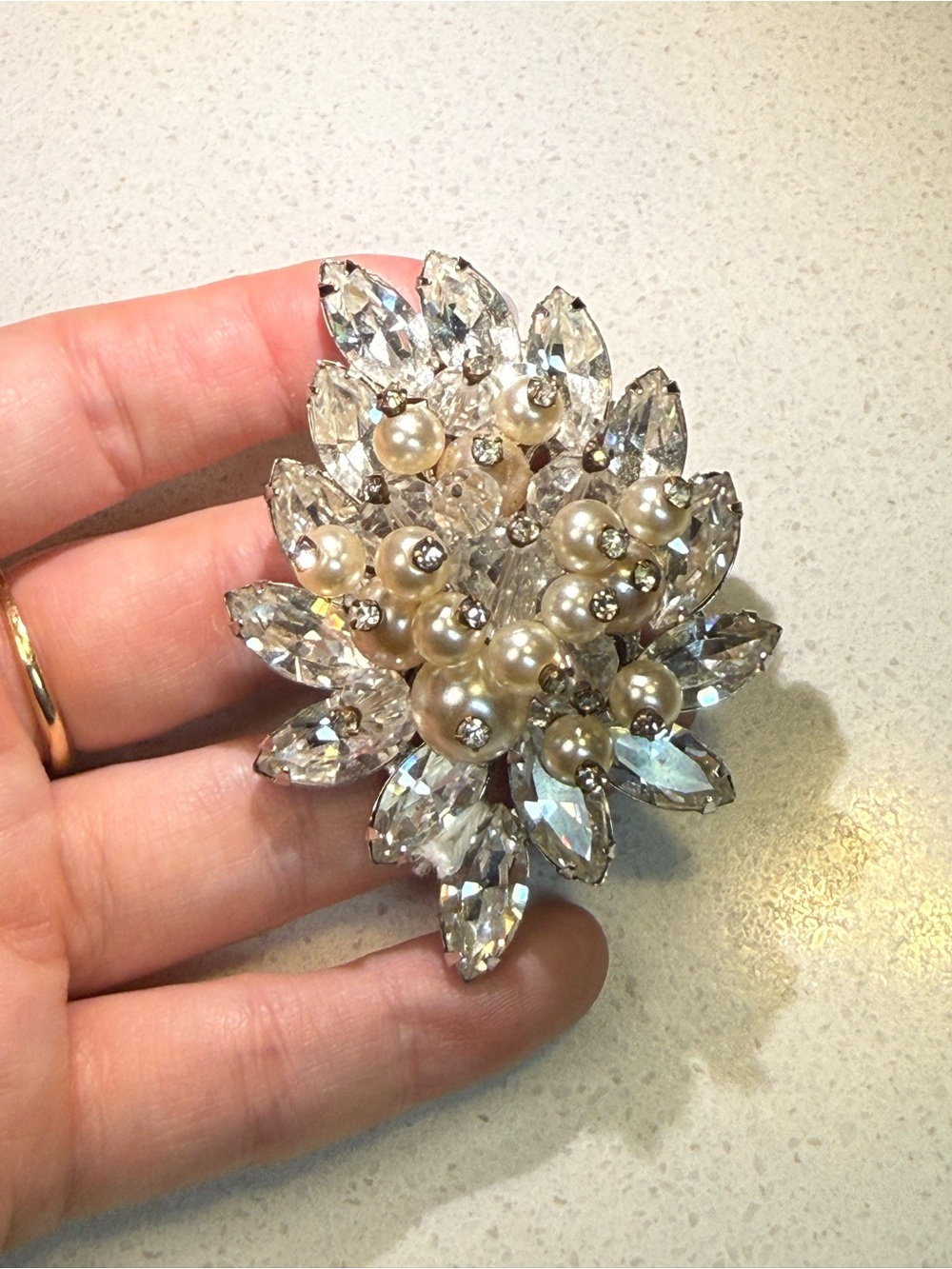 Vintage Signed Avon Cluster Rhinestone and Faux Pearl Brooch